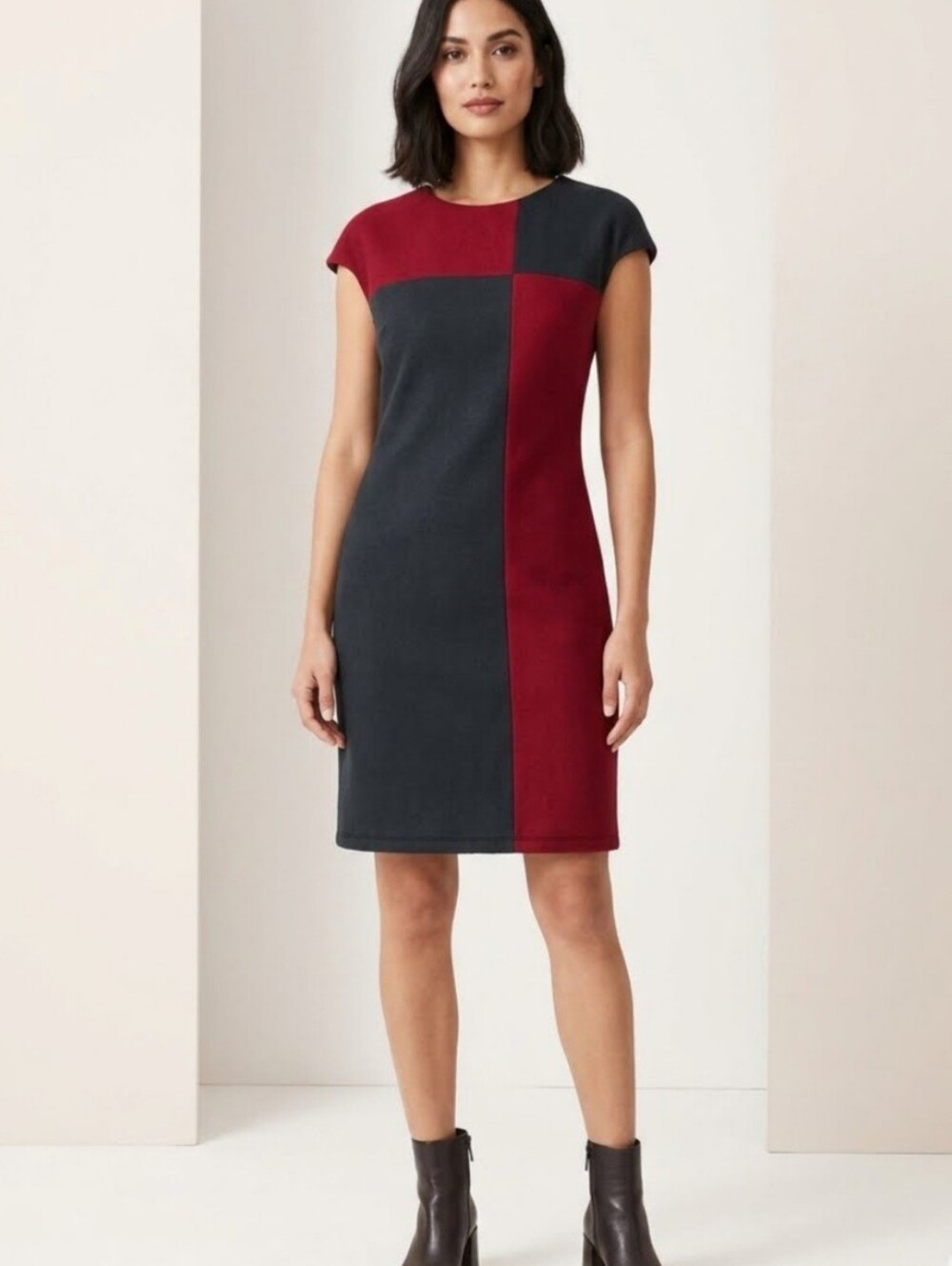 Colorblock Midi Sheath Dress in Burgundy and Charcoal